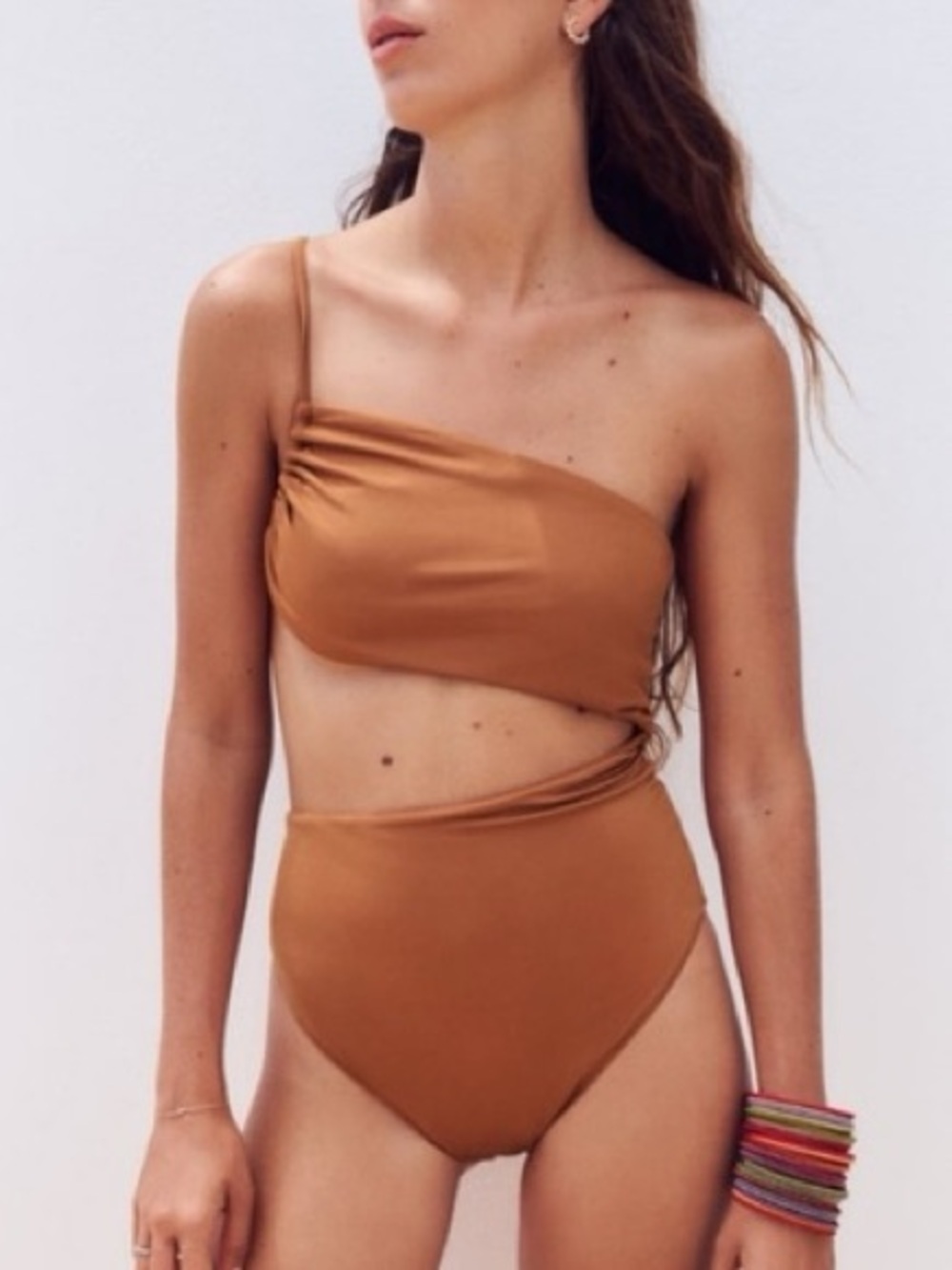 Zara Swimsuit Medium Asymmetrical One Shoulder Cutout One Piece in Rust NWT